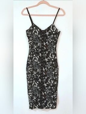 NWT Betsey Johnson Tattoo Print Dress Skull Rose Bodycon Grommet 90s Y2K S